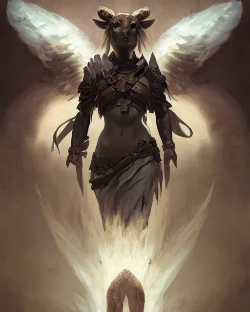 Image similar to Cow Angel , D&D, artstation, fantasy, magic the gathering artwork, cinematic lighting, centered, symmetrical, highly detailed, digital painting, , concept art, smooth, sharp focus, illustration, volumetric lighting, epic Composition, 8k, art by Akihiko Yoshida and Greg Rutkowski and Craig Mullins, oil painting, cgsociety