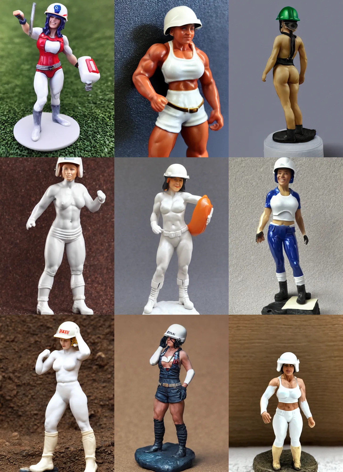 Prompt: 80mm resin detailed miniature of a very Muscular miner woman, helmet, white hot-pants, stomach, navel, boots, Logo, textured base; Product Introduction Photos, 4K, view from front