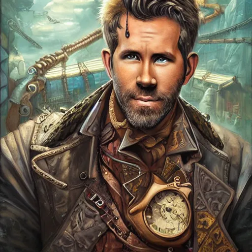 Prompt: a beautiful painting of steampunk Ryan Reynolds , by Mizuri AU and Soufiane Idrassi and BONDARTS and Tomasz Alen Kopera and Klaus Wittmann and Deathburger and Daniel Romanovsky and Aku, trending on art station