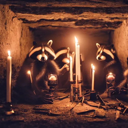 Image similar to dslr photo, a group of raccoons wearing dark cult robes perform a dark occult evil ceremony inside the secret lair of an underground mystery cult, dramatic candlelight, pentagrams, ultra - detailed, photorealistic, 4 k