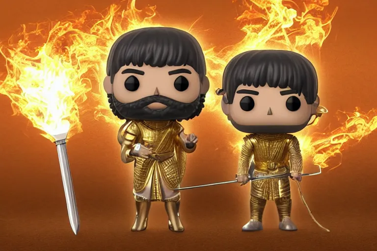 Image similar to an ultra detailed picture of the prophet mohammed as a funko pop, wearing bright gold armor and holding huge flaming longsword blessed by god, epic anime fantasy, 8 k, volumetric lighting, smooth, highly detailed, digital illustration, art by kentaro miura and akira toriyama and albert bierstadt and greg rutkowsi, artstation