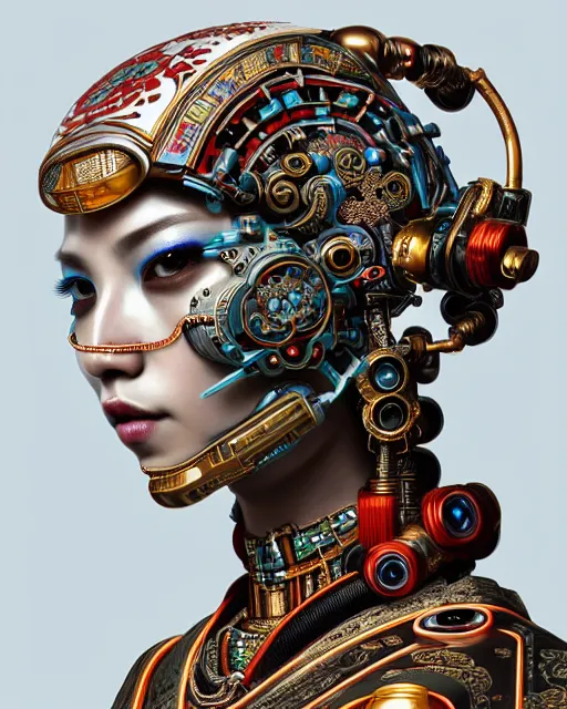 Image similar to portrait of a cyberpunk machine, machine face, upper half portrait, decorated with chinese opera motifs, asian, fine china, traditional chinese art, intricate, elegant, highly detailed, symmetry, headpiece, digital painting, artstation, concept art, smooth, sharp focus, illustration, art by artgerm and greg rutkowski and alphonse mucha, 8 k