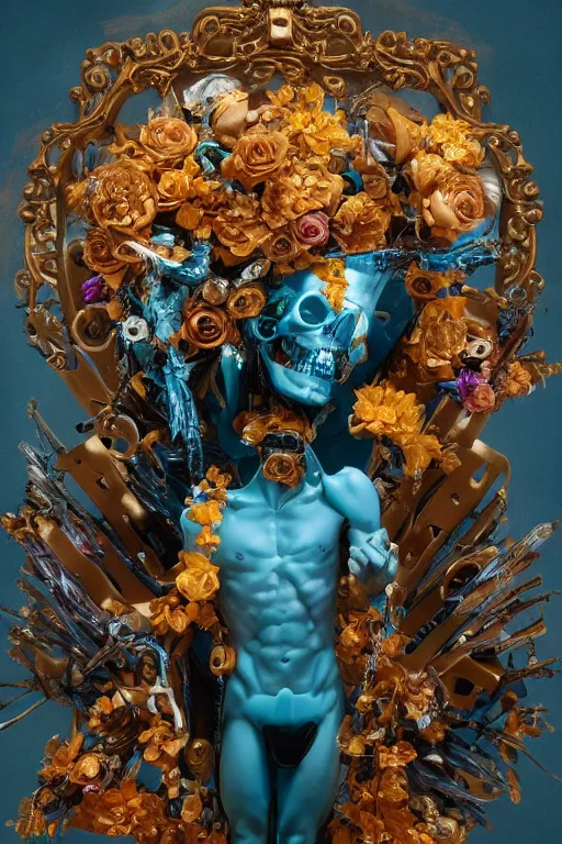 Prompt: a young handsome Spanish metal android with a large glowing battery in the center of his chest in a full-body bronze cyberpunk style statue of Icarus with glowing blue eyes, crown of peach roses, flowing teal-colored silk, fabric, flowers. baroque elements, human skull. full-length view. baroque element. intricate artwork by caravaggio. many many birds birds on background. Trending on artstation, octane render, cinematic lighting from the right, hyper realism, octane render, 8k, depth of field, 3D