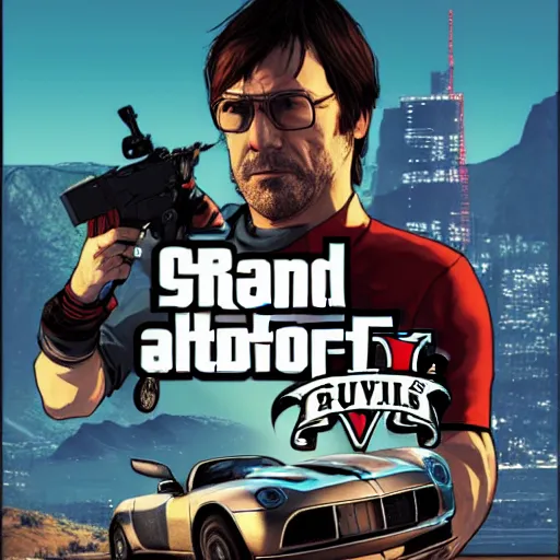 Image similar to Hideo Kojima in GTA 5, cover art by Stephen Bliss, boxart, loading screen