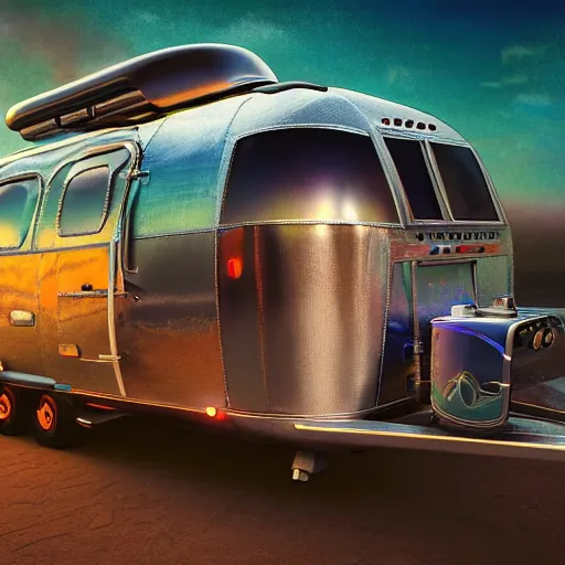 Prompt: futuristic tiki airstream, fine art, digital painting, atmospheric lighting, center focus, hyperdetailed, photorealistic, 8k, high resolution, velvia, velvety, vibrant colors, insanely detailed and intricate, ray tracing, award winning, featured in artstation, octane render