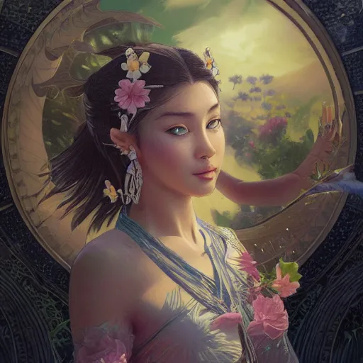 Image similar to portrait of Hello Kitty in ancient Java, D&D, MtG art,fantasy, intricate, elegant, highly detailed, digital painting, artstation, concept art, smooth, sharp focus, illustration, art by artgerm and greg rutkowski and alphonse mucha