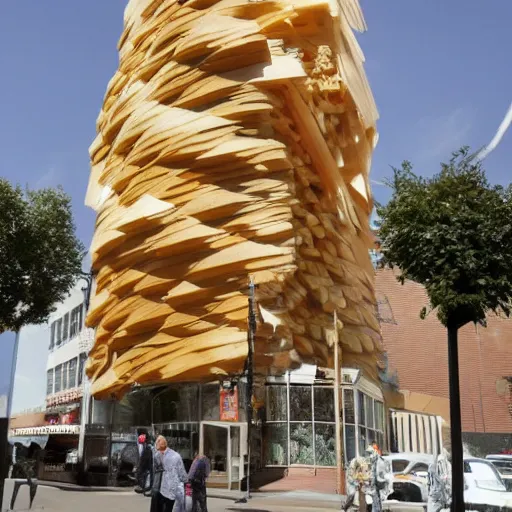 Prompt: a towering impressive building made of bread, cheese, and lunchmeat, designed by frank gehry