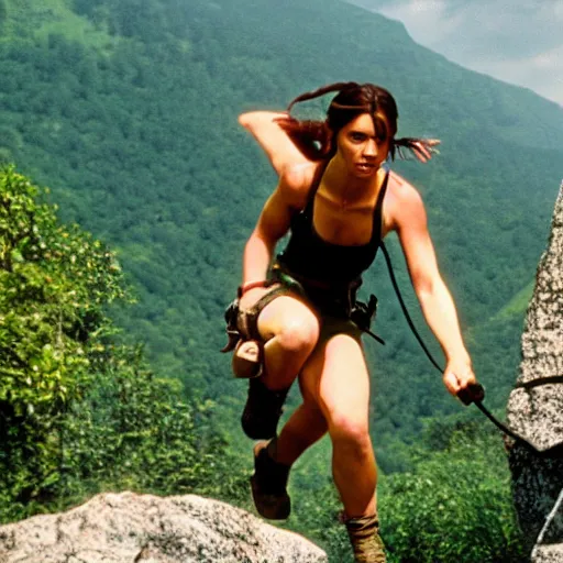 Prompt: lara croft mount climbing, an film still