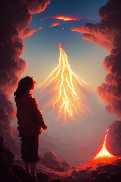 Image similar to coffee cup with whipped cream, volcano erupting from inside the cream, stephen bliss, unreal engine, fantasy art by greg rutkowski, rhads, ferdinand knab, makoto shinkai and lois van baarle, ilya kuvshinov, rossdraws, tom bagshaw, global illumination, radiant light, red blue theme, pine forest