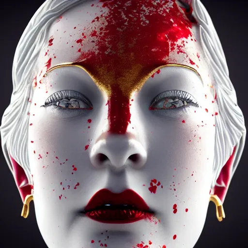 Prompt: portrait statue of evil gorgeous woman, made of white marble with gold, on the dark background, red splatters, hyper realistic, hyper detailed, by johannen voss and michelangelo, octane render, vivid colors