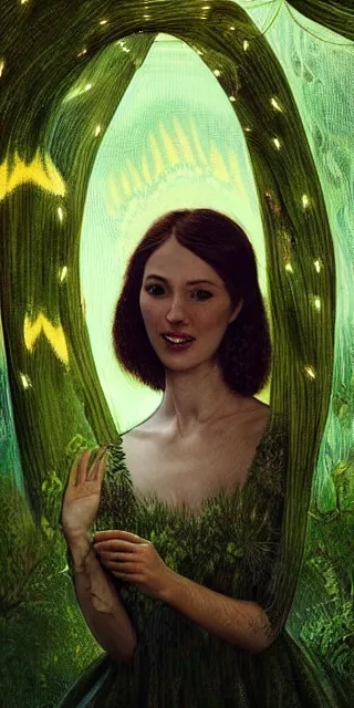 Image similar to a totally amazed smiling fit woman surrounded by golden firefly lights in a mesmerizing scene, sitting amidst nature fully covered! intricate detailed dress, long loose red hair, precise linework, accurate green eyes, small nose with freckles, beautiful smooth oval head, expressive emotions, hyper realistic ultrafine portrait by artemisia gentileschi, jessica rossier, boris vallejo