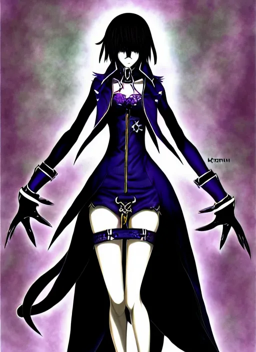 Image similar to shin megami tensei art of a demon called goth girlfriend, art by kazuma kaneko, demonic! compedium!, digital drawing, white background, very high quality, very highly detailed