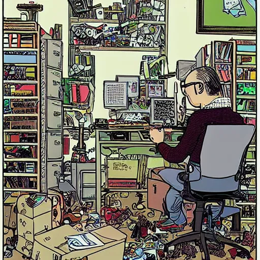 Prompt: goth nerd sitting at a computer in a cluttered room, by geof darrow, geof darrow art,