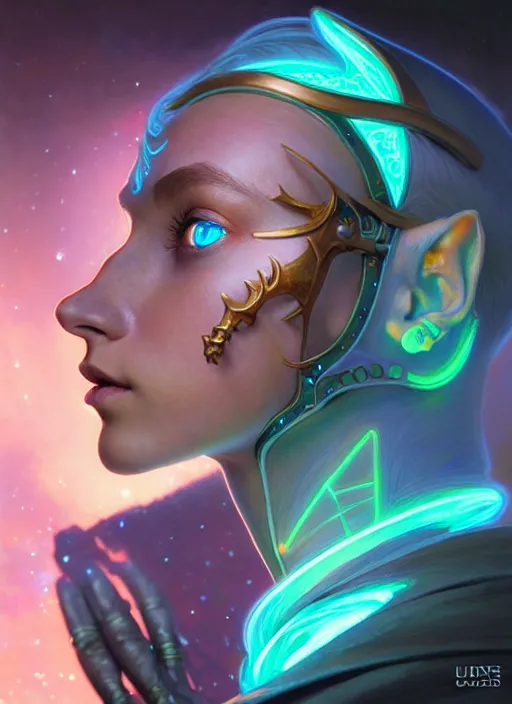 Image similar to a machine elf faceless glowing liquefied stardust adventurer, dnd fantasy character, full body portrait, glowing neon skin, magical aura, ultra realistic, intricate, elegant, highly detailed, digital painting, artstation, smooth, sharp, focus, illustration, art by artgerm and greg rutkowski and alphonse mucha and dan mumford, sacred geometry