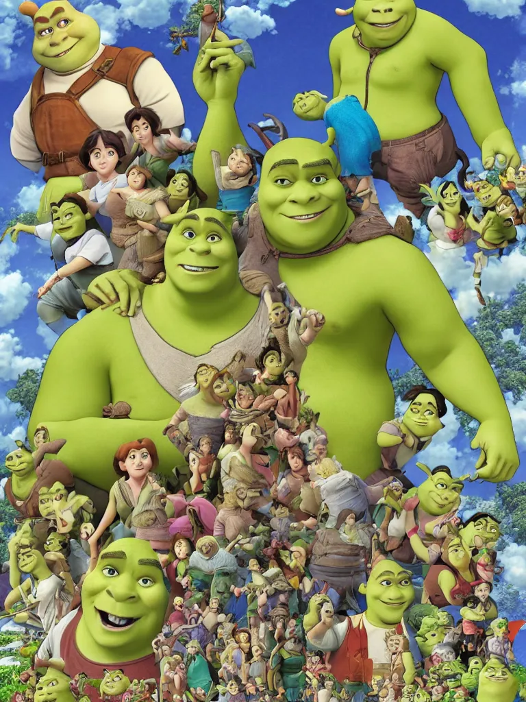 Prompt: shrek movie poster in the style of studio ghibli hayao miyazaki hd illustration