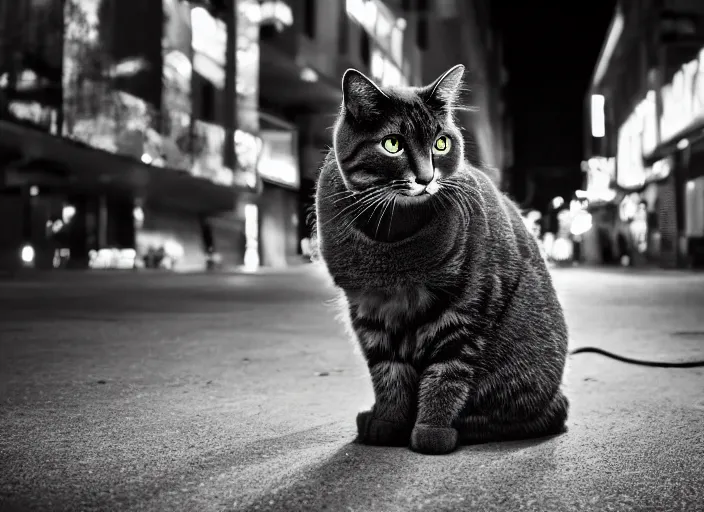 Image similar to photography of a Cat sitting on a box. in a cyberpunk street, award winning photo, led lighting, night, 24mm, sharp, high res