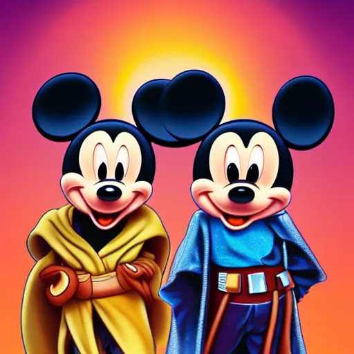 Image similar to Disney special consisting of Mickey Mouse, Star Wars Jedis and other franchise characters, photorealistic, highly detailed, trending on artstation, pixel art