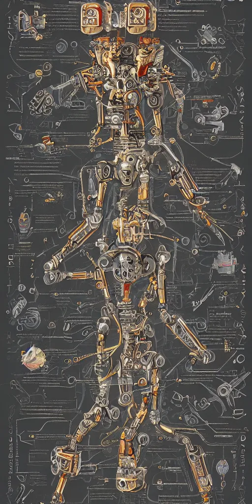 Image similar to anatomy of the terminator, robot, cyborg, t100, diagrams, mystical, intricate ornamental tower floral flourishes, technology meets fantasy, map, infographic, concept art, art station, style of wes anderson