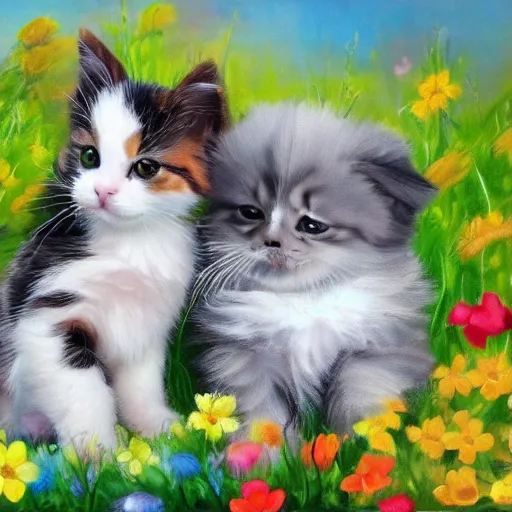 Prompt: animal friends cute puppy and kitten together in field of colorful flowers detailed oil painting 4k