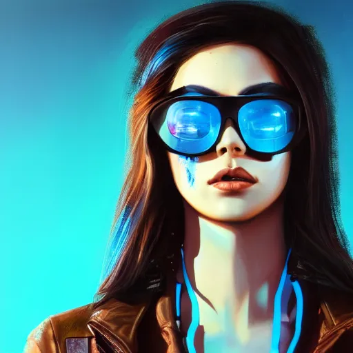 Image similar to closeup painting of a very beautiful young mexican cyberpunk woman with a smirk, wearing light blue shutter shades and a dark brown leather jacket, one side haircut, long brown hair with light blue ends, portrait, hyperdetailed, artstation, cgsociety, 8 k, synthwave by tangerine dream