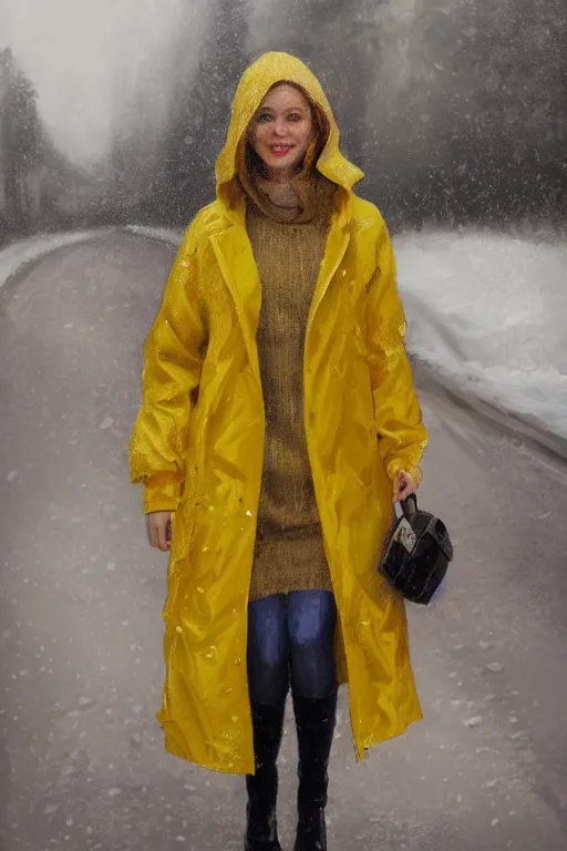 Image similar to a full body high detail portrait oil painting illustration of beautiful blonde woman with face and body clearly visible , dressed in yellow raincoat and yellow rubber boots walks in smal town in Finland, realistic proportions, d&d, rpg, artstation trending, high quality, artstation trending, no crop, entire person visible, natural light, width 768