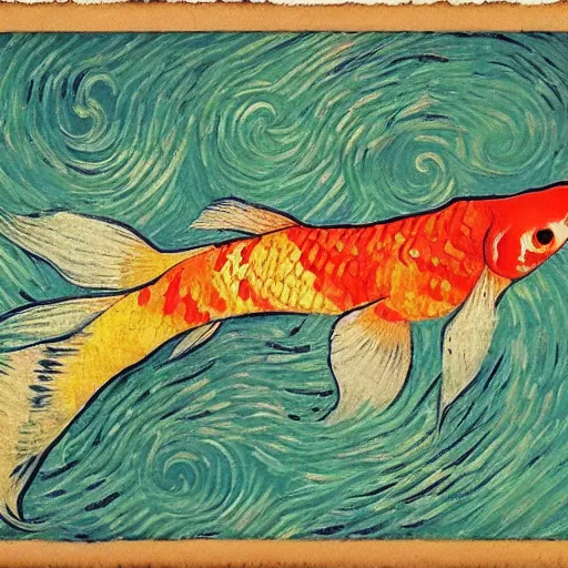 Image similar to Koi fish in the style of Starry Knight by Vincent van Gogh