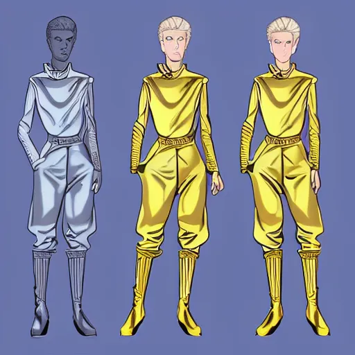 Prompt: character concept art of stoic heroic emotionless handsome blond butch tomboy woman with very short slicked-back hair, no makeup, in princely white and gold masculine satin jumpsuit with gold cape and boots, science fiction, atompunk, illustration