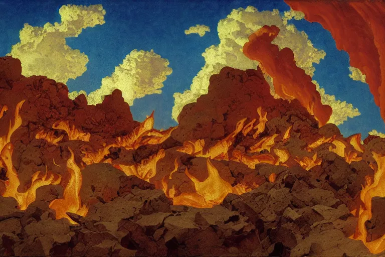 Prompt: painting of the hell, fire, lava, clouds, romantic, by ludwig deutsch and maxfield parrish, patterned tilework, extremely detailed, cinematic lighting, smooth sharp focus