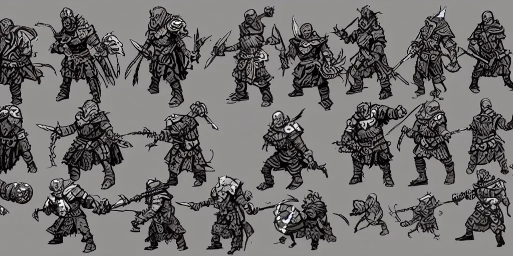 Prompt: warrior enemy character design. idle. attack. sprite sheet, darkest dungeon. pc game. sideview. transparent background. art by moebius and greg rutkowski.