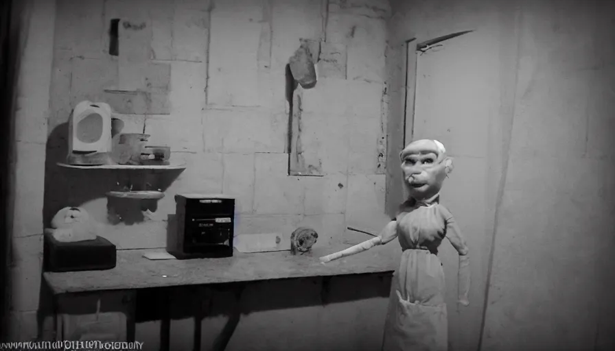 Image similar to a wax puppet in a stalinist style kitchen, mini dv camera found footage, very very low quality picture, heavy grain, caught on security camera, heavy jpeg artifact, night vision very blurry, caught on trail cam, 1 4 4 p, ultra wide lens