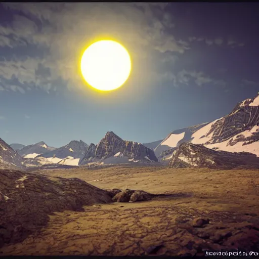 Image similar to nuclear blast eclipse, small in size, rocky mountains, highly detailed, photorealistic shot, bright studio setting, studio lighting, crisp quality and light reflections, unreal engine 5, quality render, art by sandra pelser