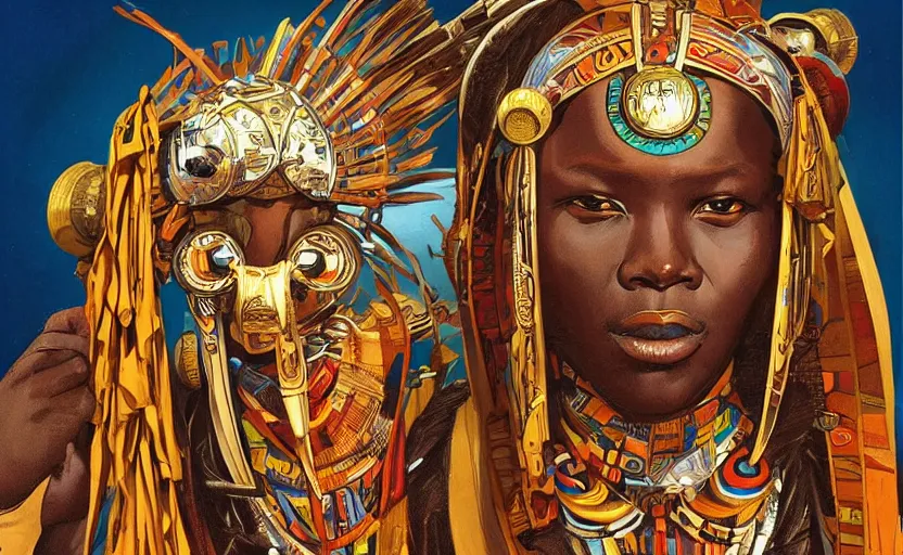 Image similar to a retro futuristic african tribal chief, art by joseph christian leyendecker, design blocking by drew struzan and alphonso mucha, highly detailed, digital painting, concept art, smooth sharp focus, intricate, symmetry,