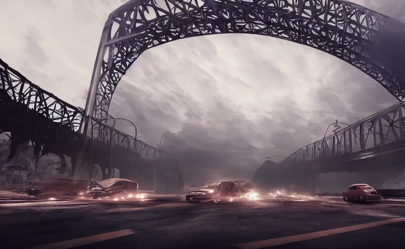 Image similar to explosions in the form of realistic cotton plants cover harbour bridge, smooth, sharp focus, highly detailed, 3 d octane render, epic lighting, dark atmosphere, post apocalyptic, rust cars, 8 k, by goro fujita