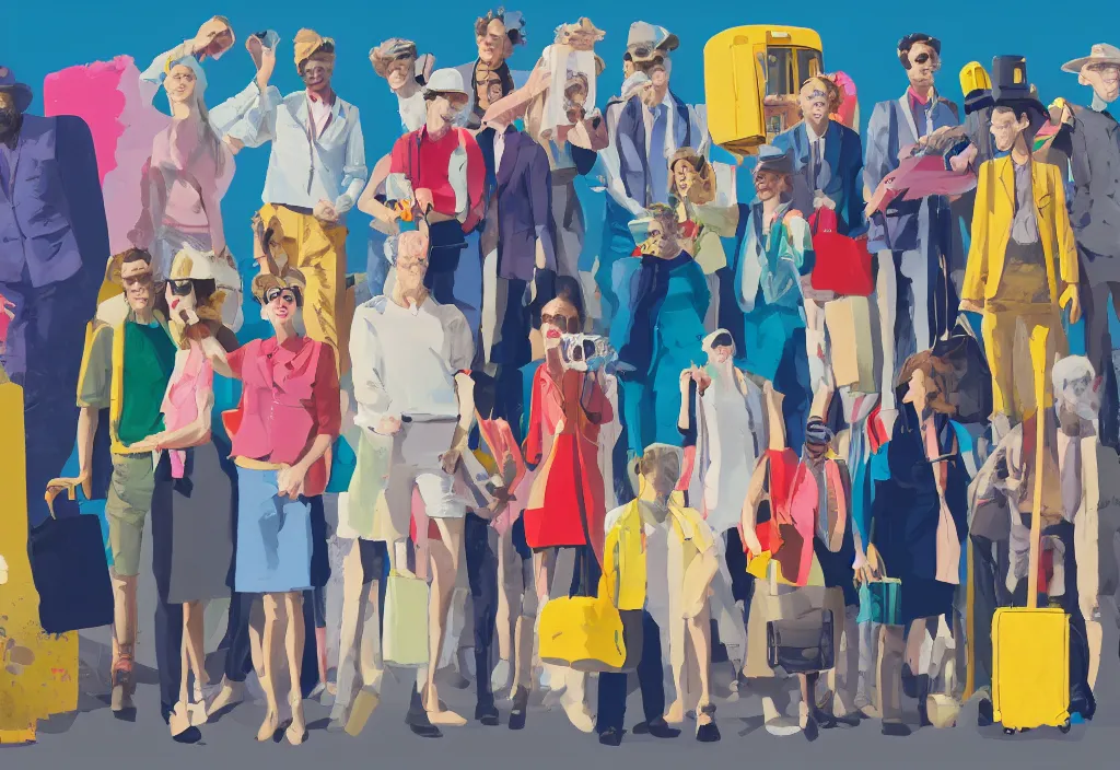 Image similar to full body portrait of a group, a row of a several european tourists getting off a tour bus, standing with a variety of poses and props, several character designs painting, sightseeing, in the style of wes anderson, lola dupre, david hockney, isolated on negative white space background dark monochrome neon spraypaint accents volumetric octane render