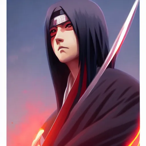 Prompt: itachi from naruto, highly detailed, digital painting, artstation, concept art, sharp focus, illustration, art by greg rutkowski and alphonse mucha