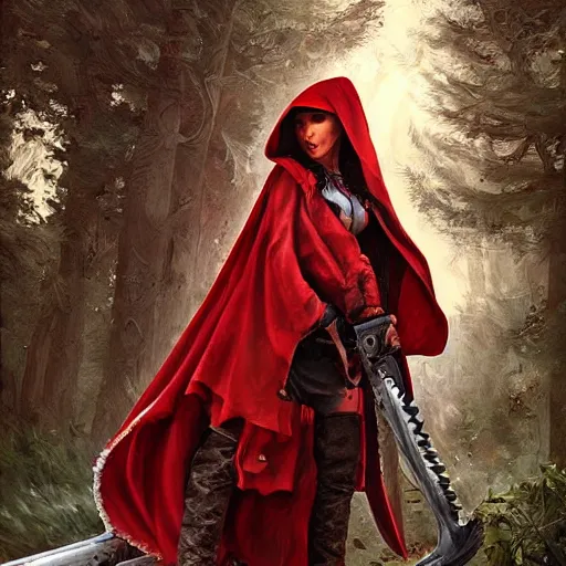 Image similar to digital _ painting _ of _ little red riding silk hood wolf slayer with chainsaw arm _ by _ filipe _ pagliuso _ and _ justin _ gerard _ unsymmetric _ fantasy _ highly _ detailed _ realistic _ intricate _ port