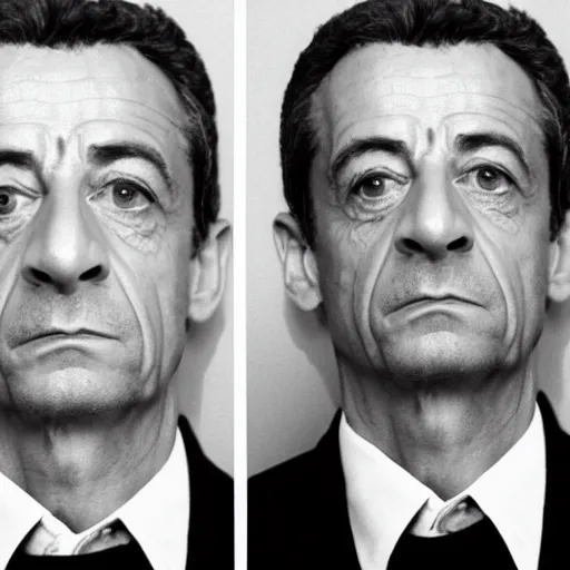 Prompt: very very low quality mugshot of Nicolas Sarkozy, heavy grain, high contrast black and white