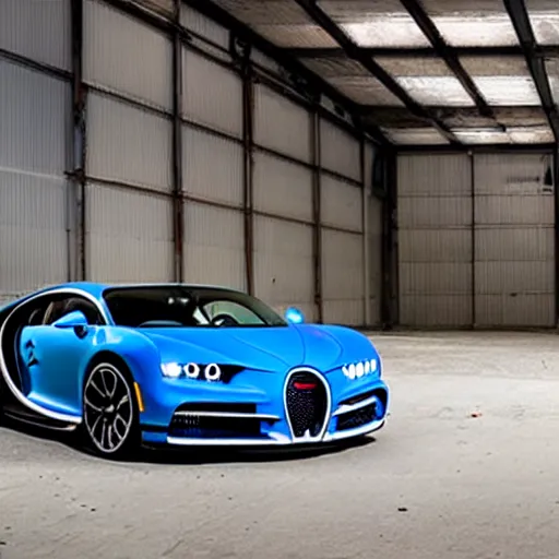 Image similar to an abandoned, derelict, rusty bugatti chiron in a dirty warehouse