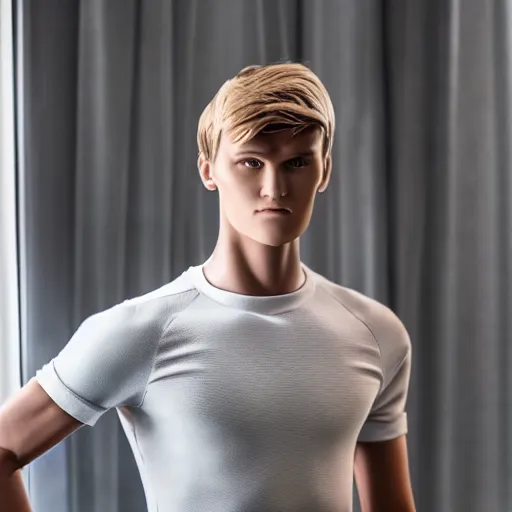 Image similar to a realistic detailed photo of a guy who is an attractive humanoid who is half robot and half humanoid, who is a male android, soccer player martin ødegaard, shiny skin, posing like a statue, blank stare, in a living room, on display, showing off his muscles