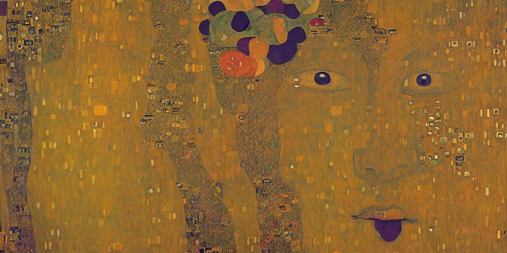 Prompt: a painting of giant buddahs eyes floating in the desert by gustav klimt