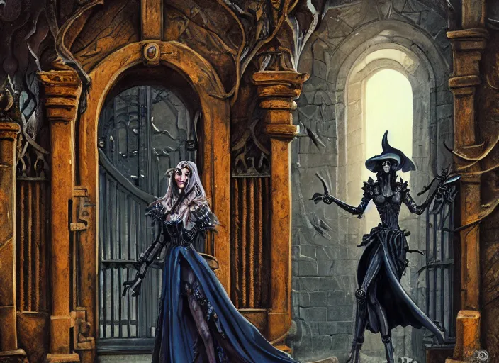 Prompt: a grotesque courtyard with gates and a beautiful witch queen poses with her evil mechanical beast, detailed 4 k painting, dramatic cold light, style of gerald brom