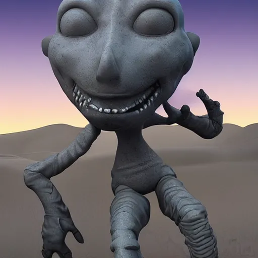 Image similar to a sad Roswell grey alien trying to repair his crashed burning spacecraft in the desert, cactus and rocks in the background, dusk, featured on zbrush central, hurufiyya, zbrush, polycount, airbrush art