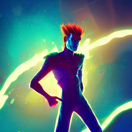 Prompt: Portrait of Ziggy Stardust as a crazy demon, mattepainting concept Blizzard pixar maya engine on stylized background splash comics global illumination lighting artstation lois van baarle, ilya kuvshinov, rossdraws