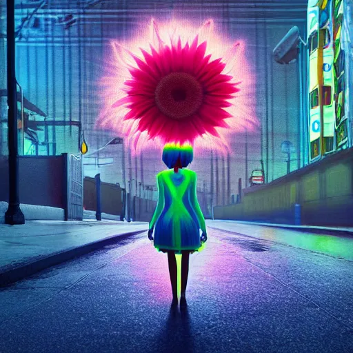 Prompt: giant daisy flower head, woman walking in a modern city with neon, surreal photography, night, dark, stars, impressionist painting, digital painting, artstation, simon stalenhag