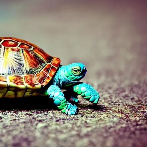 Prompt: a picture of a turtle hugging a flower, vivid colours, depth of field, 50mm