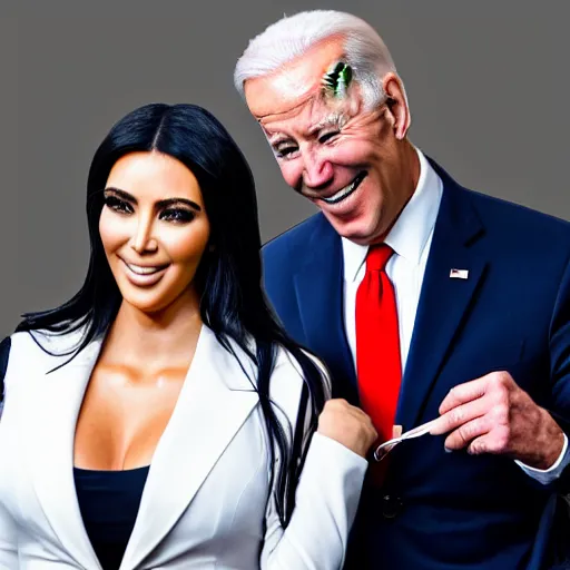 Image similar to stock photo of kim kardashian, and joe biden wearing suits and ties laughing in an office building, 8k resolution, full HD, cinematic lighting, award winning, anatomically correct