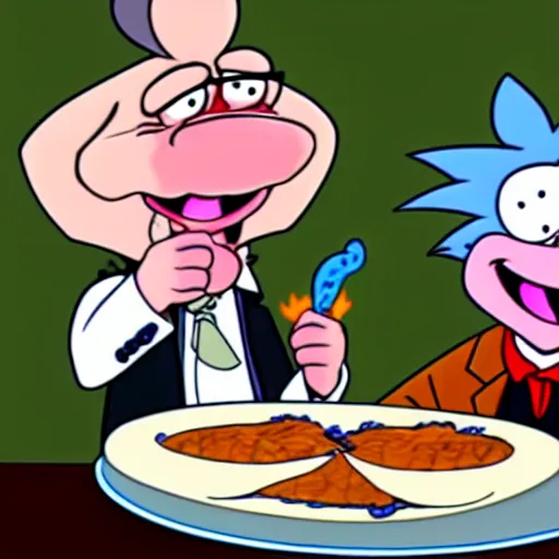 Image similar to rick sanchez and porky pig eating a brisket, cartoon, cell animation, highly detailed