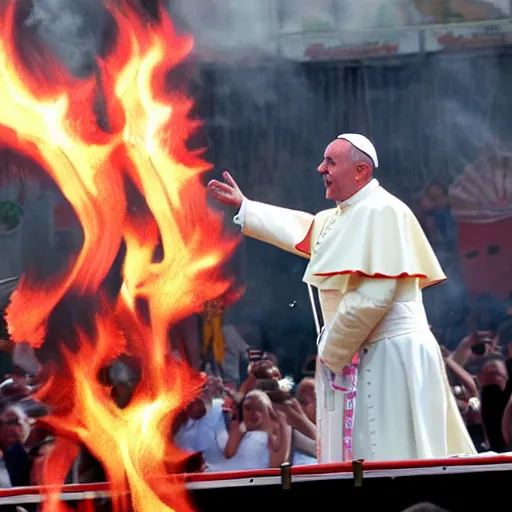 Prompt: a photo of the pope breathing fire at a carnival sideshow