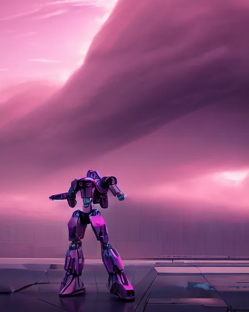 Prompt: hyperrealistic 3d render mecha iridescent pink cloudy landscape background concept art vray ute osterwald de chirico sharp cinematic very moody light 8k low angle shallow depth of field