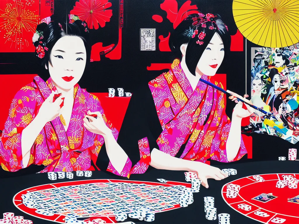 Image similar to hyperrealistim composition of the detailed single woman in a japanese kimono sitting at a extremely detailed poker table with darth vader, fireworks, river on the background, pop - art style, jacky tsai style, andy warhol style, acrylic on canvas